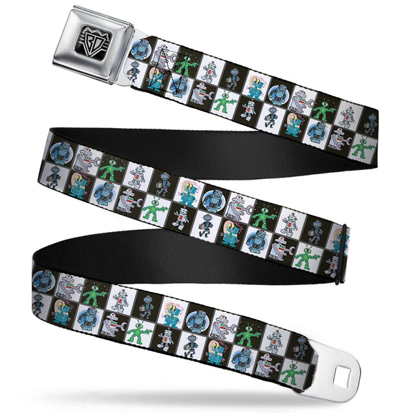 buckle down BD Wings Logo CLOSE-UP Full Color Black Silver Seatbelt Belt - Robot Checkers Black/White Webbing