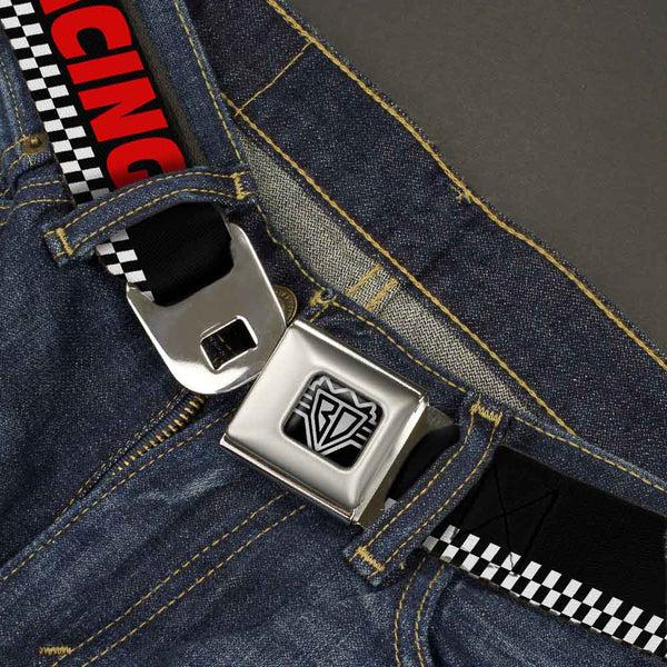 Buckle Down BD Wings Logo CLOSE-UP Full Color Black Silver Seatbelt Belt - RACING W/Checker Black/White/Red Webbing