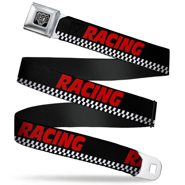 buckle down BD Wings Logo CLOSE-UP Full Color Black Silver Seatbelt Belt - RACING w/Checker Black/White/Red Webbing