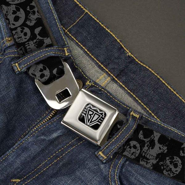Buckle Down BD Wings Logo CLOSE-UP Full Color Black Silver Seatbelt Belt - Skulls Stacked Weathered Black/Gray Webbing