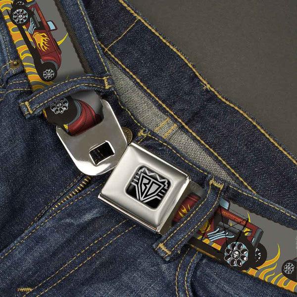 Buckle Down BD Wings Logo CLOSE-UP Full Color Black Silver Seatbelt Belt - Hot Rod W/Flames Webbing
