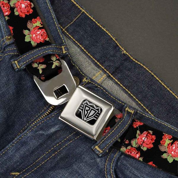 Buckle Down BD Wings Logo CLOSE-UP Full Color Black Silver Seatbelt Belt - Red Roses Scattered Black Webbing
