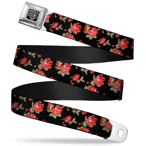 buckle down BD Wings Logo CLOSE-UP Full Color Black Silver Seatbelt Belt - Red Roses Scattered Black Webbing