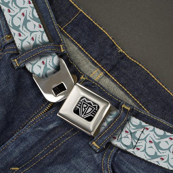 Buckle Down BD Wings Logo CLOSE-UP Full Color Black Silver Seatbelt Belt - Shark 3-Rows Light Blue Webbing