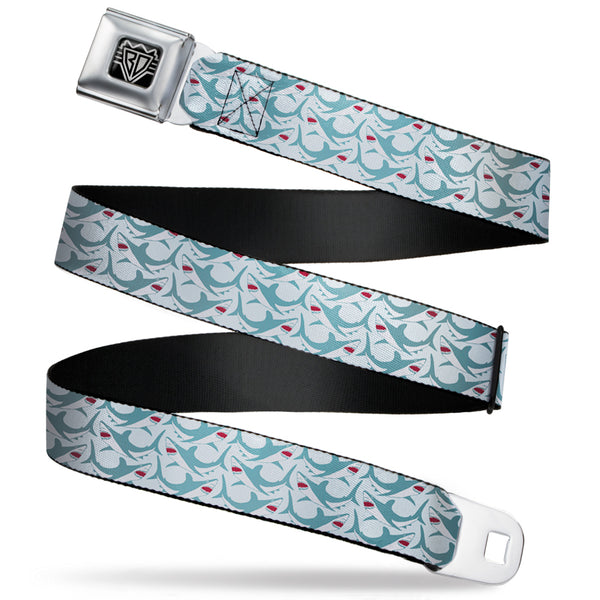 buckle down BD Wings Logo CLOSE-UP Full Color Black Silver Seatbelt Belt - Shark 3-Rows Light Blue Webbing