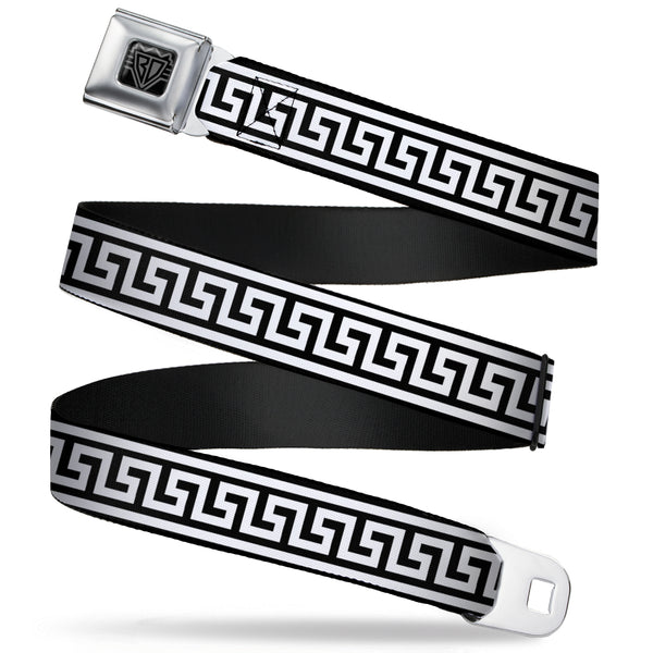 buckle down BD Wings Logo CLOSE-UP Full Color Black Silver Seatbelt Belt - Greek Key Border Black/White Webbing