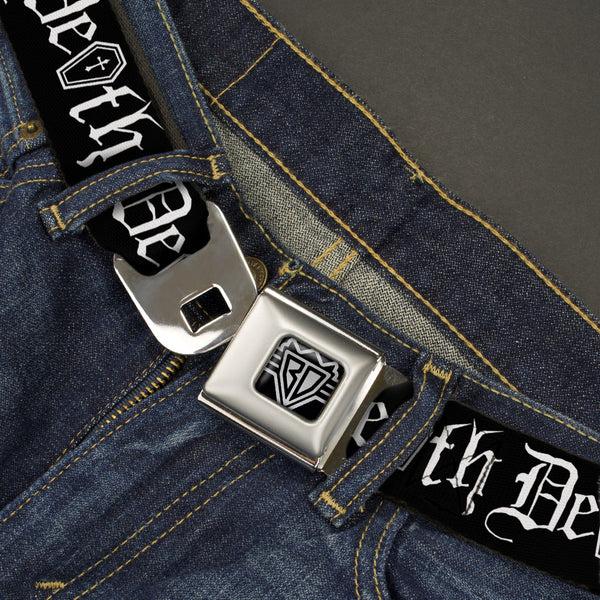 Buckle Down BD Wings Logo CLOSE-UP Full Color Black Silver Seatbelt Belt - DEATH W/Coffin Old English Black/White Webbing