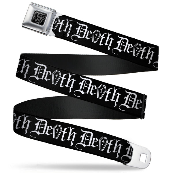 buckle down BD Wings Logo CLOSE-UP Full Color Black Silver Seatbelt Belt - DEATH w/Coffin Old English Black/White Webbing