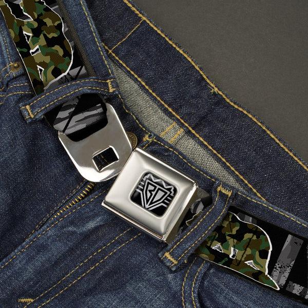 Buckle Down BD Wings Logo CLOSE-UP Full Color Black Silver Seatbelt Belt - CALIFORNIA/Flag Bear Black/Camo Gray/Camo Olive Webbing