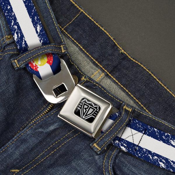 Buckle Down BD Wings Logo CLOSE-UP Full Color Black Silver Seatbelt Belt - Colorado Flags4 Weathered Webbing