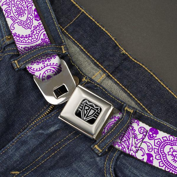 Buckle Down BD Wings Logo CLOSE-UP Full Color Black Silver Seatbelt Belt - Bandana/Skulls White/Purple Webbing