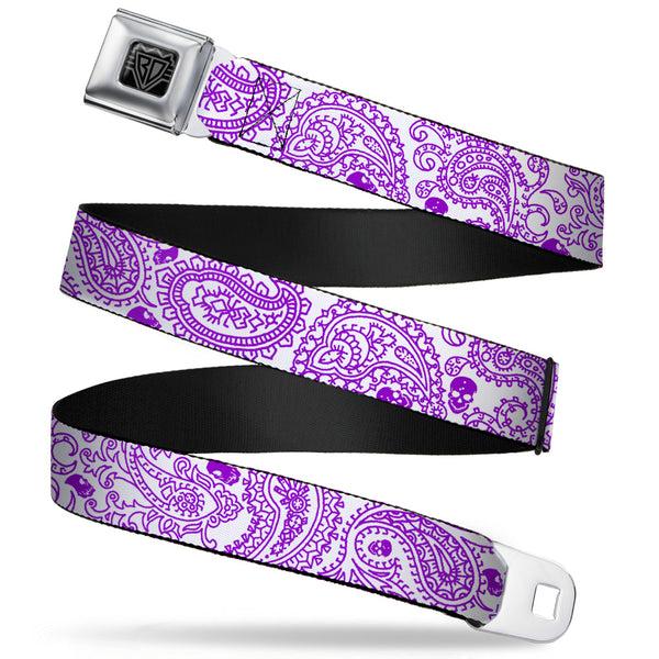 buckle down BD Wings Logo CLOSE-UP Full Color Black Silver Seatbelt Belt - Bandana/Skulls White/Purple Webbing