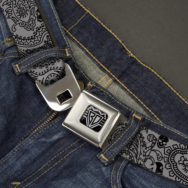 Buckle Down BD Wings Logo CLOSE-UP Full Color Black Silver Seatbelt Belt - Bandana/Skulls Silver/Black Webbing
