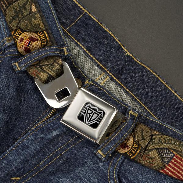 Buckle Down BD Wings Logo CLOSE-UP Full Color Black Silver Seatbelt Belt - Armed Forces Military Badges Stacked Webbing