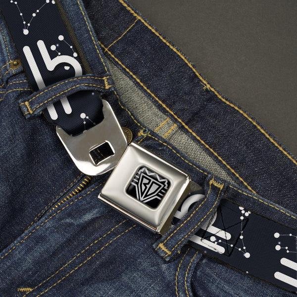 Buckle Down BD Wings Logo CLOSE-UP Full Color Black Silver Seatbelt Belt - Zodiac Libra Symbol/Constellations Black/White Webbing