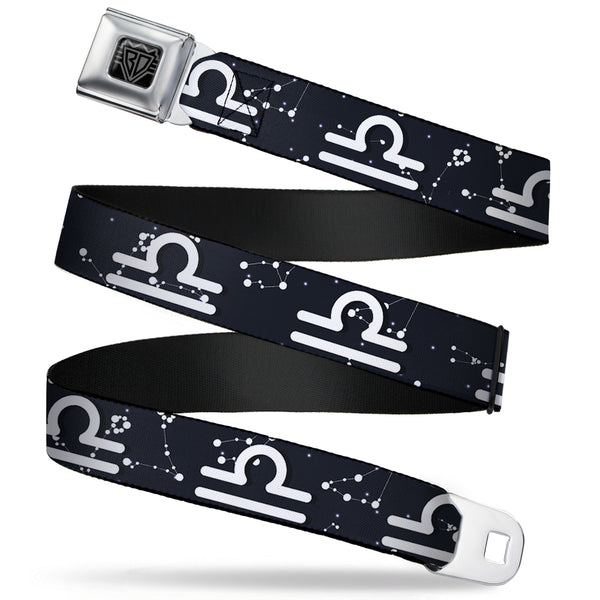 buckle down BD Wings Logo CLOSE-UP Full Color Black Silver Seatbelt Belt - Zodiac Libra Symbol/Constellations Black/White Webbing