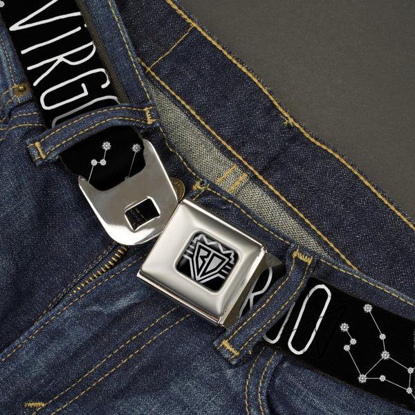 Buckle Down BD Wings Logo CLOSE-UP Full Color Black Silver Seatbelt Belt - Zodiac VIRGO/Constellation Black/White Webbing