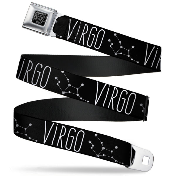buckle down BD Wings Logo CLOSE-UP Full Color Black Silver Seatbelt Belt - Zodiac VIRGO/Constellation Black/White Webbing