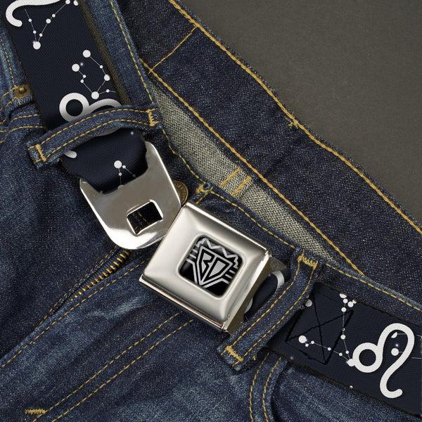 Buckle Down BD Wings Logo CLOSE-UP Full Color Black Silver Seatbelt Belt - Zodiac Leo Symbol/Constellations Black/White Webbing