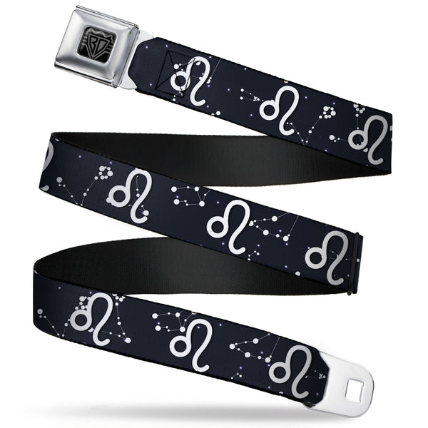 buckle down BD Wings Logo CLOSE-UP Full Color Black Silver Seatbelt Belt - Zodiac Leo Symbol/Constellations Black/White Webbing