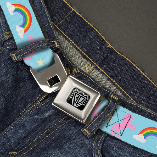Buckle Down BD Wings Logo CLOSE-UP Full Color Black Silver Seatbelt Belt - Unicorns/Rainbow/Star Baby Blue/Pink/Yellow Webbing