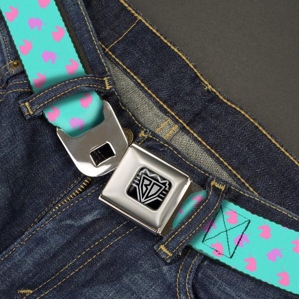 Buckle Down BD Wings Logo CLOSE-UP Full Color Black Silver Seatbelt Belt - Unicorn Icons Alternating Light Aqua/Pink/Lavender Webbing