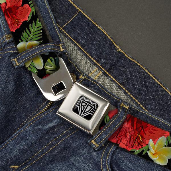 Buckle Down BD Wings Logo CLOSE-UP Full Color Black Silver Seatbelt Belt - Tropical Floral Collage Black/Red/Orange Webbing