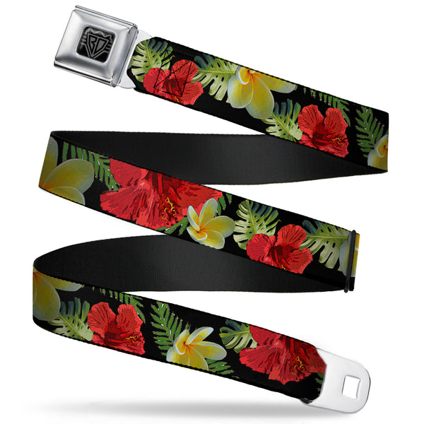 buckle down BD Wings Logo CLOSE-UP Full Color Black Silver Seatbelt Belt - Tropical Floral Collage Black/Red/Orange Webbing