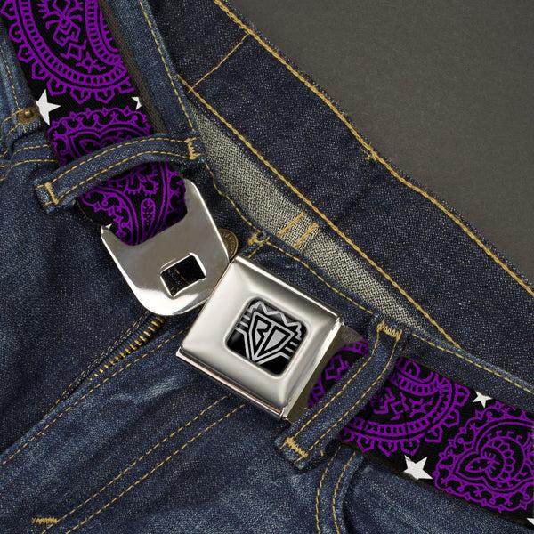 Buckle Down BD Wings Logo CLOSE-UP Full Color Black Silver Seatbelt Belt - Paisley Stars Black/Purple/White Webbing