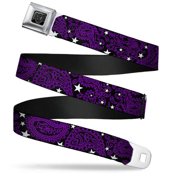 buckle down BD Wings Logo CLOSE-UP Full Color Black Silver Seatbelt Belt - Paisley Stars Black/Purple/White Webbing