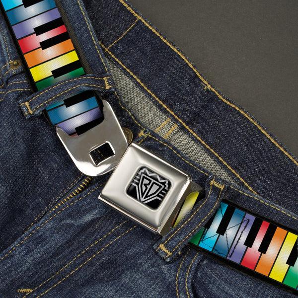Buckle Down BD Wings Logo CLOSE-UP Full Color Black Silver Seatbelt Belt - Piano Keys Rainbow Webbing