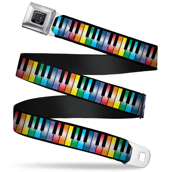 buckle down BD Wings Logo CLOSE-UP Full Color Black Silver Seatbelt Belt - Piano Keys Rainbow Webbing