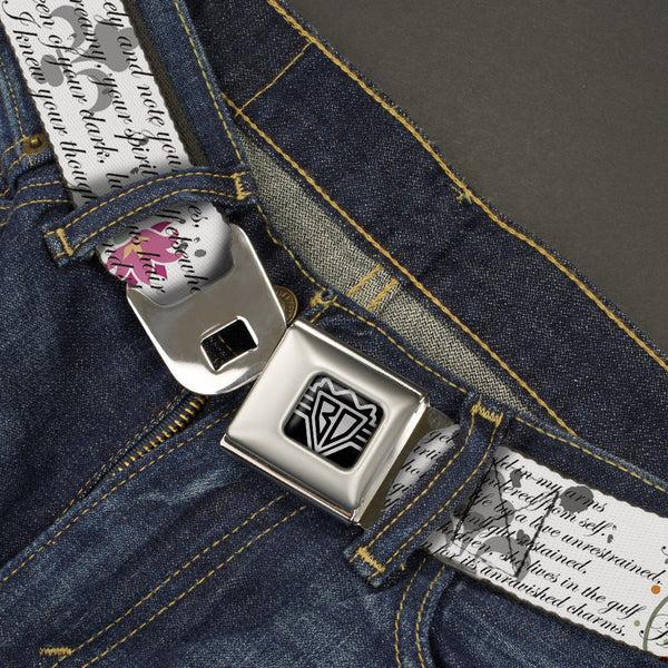 Buckle Down BD Wings Logo CLOSE-UP Full Color Black Silver Seatbelt Belt - Poems Webbing
