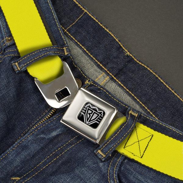 Buckle Down BD Wings Logo CLOSE-UP Full Color Black Silver Seatbelt Belt - Neon Yellow Webbing