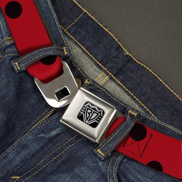Buckle Down BD Wings Logo CLOSE-UP Full Color Black Silver Seatbelt Belt - Lady Bug Dots Red/Black Webbing