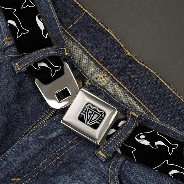 Buckle Down BD Wings Logo CLOSE-UP Full Color Black Silver Seatbelt Belt - Killer Whales Black/White Webbing