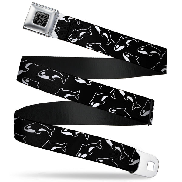 buckle down BD Wings Logo CLOSE-UP Full Color Black Silver Seatbelt Belt - Killer Whales Black/White Webbing