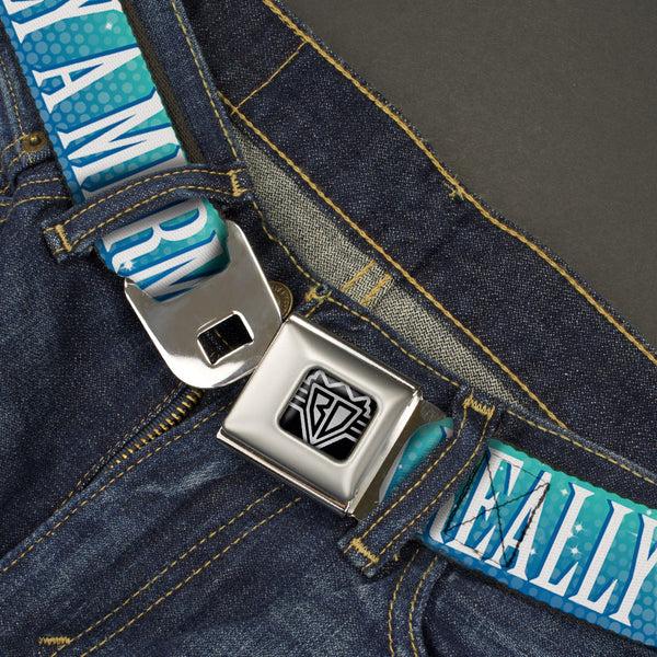 Buckle Down BD Wings Logo CLOSE-UP Full Color Black Silver Seatbelt Belt - I'M REALLY A MERMAID Sparkle Turquoise Blues/White Webbing