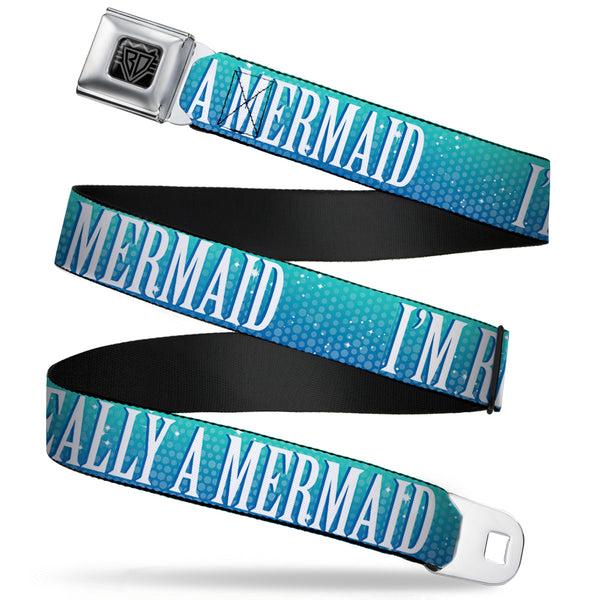buckle down BD Wings Logo CLOSE-UP Full Color Black Silver Seatbelt Belt - I'M REALLY A MERMAID Sparkle Turquoise Blues/White Webbing