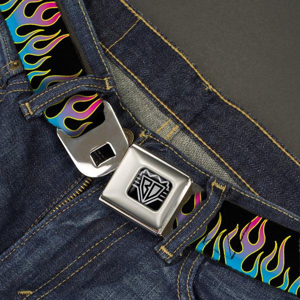 Buckle Down BD Wings Logo CLOSE-UP Full Color Black Silver Seatbelt Belt - Flames Black/Blue/Pink Webbing