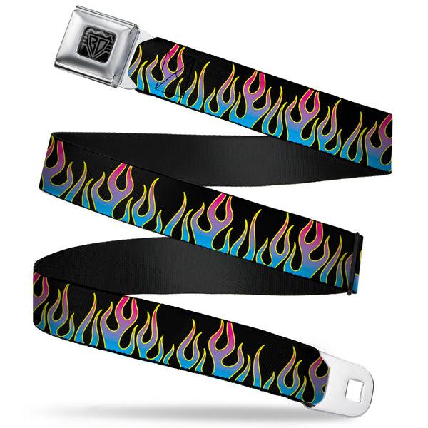 buckle down BD Wings Logo CLOSE-UP Full Color Black Silver Seatbelt Belt - Flames Black/Blue/Pink Webbing