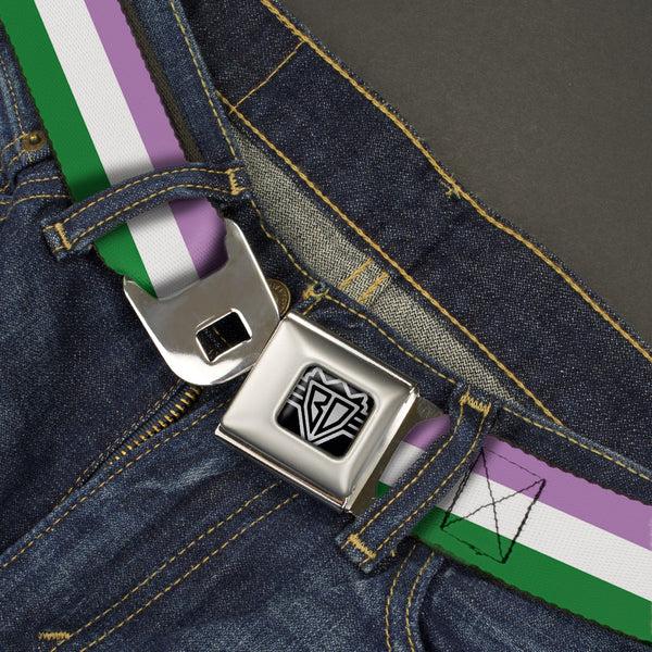 Buckle Down BD Wings Logo CLOSE-UP Full Color Black Silver Seatbelt Belt - Flag Genderqueer Lavender/White/Green Webbing