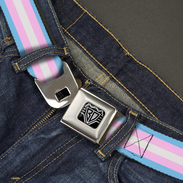 Buckle Down BD Wings Logo CLOSE-UP Full Color Black Silver Seatbelt Belt - Flag Transgender Baby Blue/Baby Pink/White Webbing