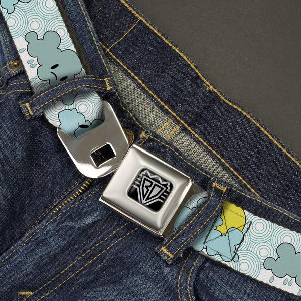 Buckle Down BD Wings Logo CLOSE-UP Full Color Black Silver Seatbelt Belt - Cloudy Skies Rain Clouds White/Blues Webbing