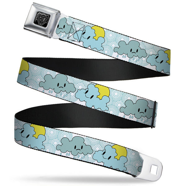 buckle down BD Wings Logo CLOSE-UP Full Color Black Silver Seatbelt Belt - Cloudy Skies Rain Clouds White/Blues Webbing