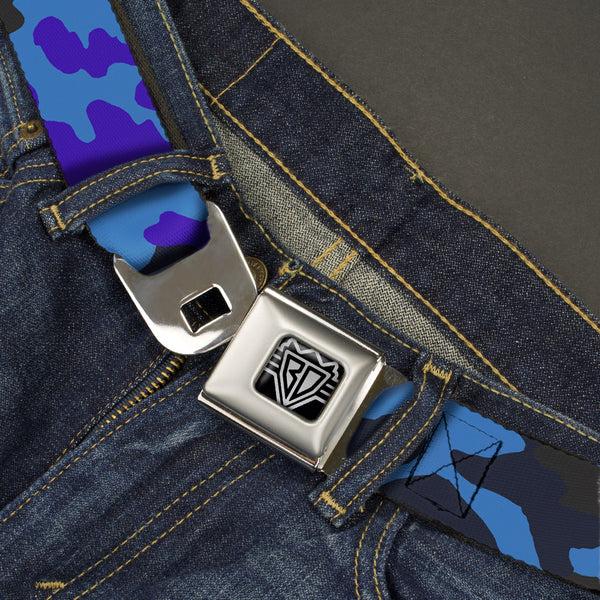 Buckle Down BD Wings Logo CLOSE-UP Full Color Black Silver Seatbelt Belt - Camo Blue Webbing