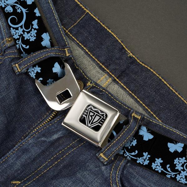 Buckle Down BD Wings Logo CLOSE-UP Full Color Black Silver Seatbelt Belt - Butterfly Garden Black/Blue Webbing