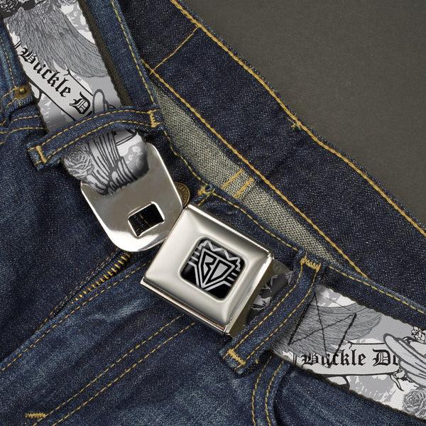 Buckle Down BD Wings Logo CLOSE-UP Full Color Black Silver Seatbelt Belt - BD Skull W/Roses Webbing