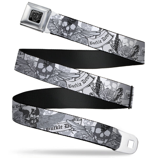 buckle down BD Wings Logo CLOSE-UP Full Color Black Silver Seatbelt Belt - BD Skull w/Roses Webbing