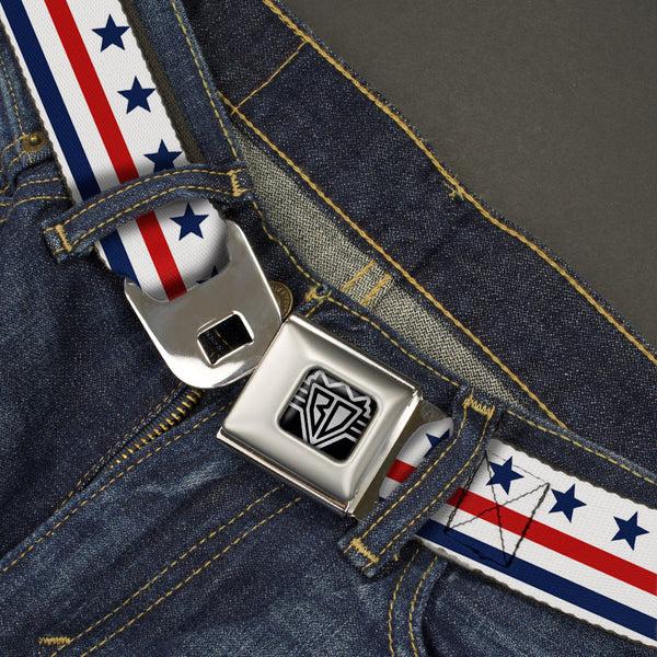 Buckle Down BD Wings Logo CLOSE-UP Full Color Black Silver Seatbelt Belt - Americana Stars & Stripes7 White/Blue/Red Webbing